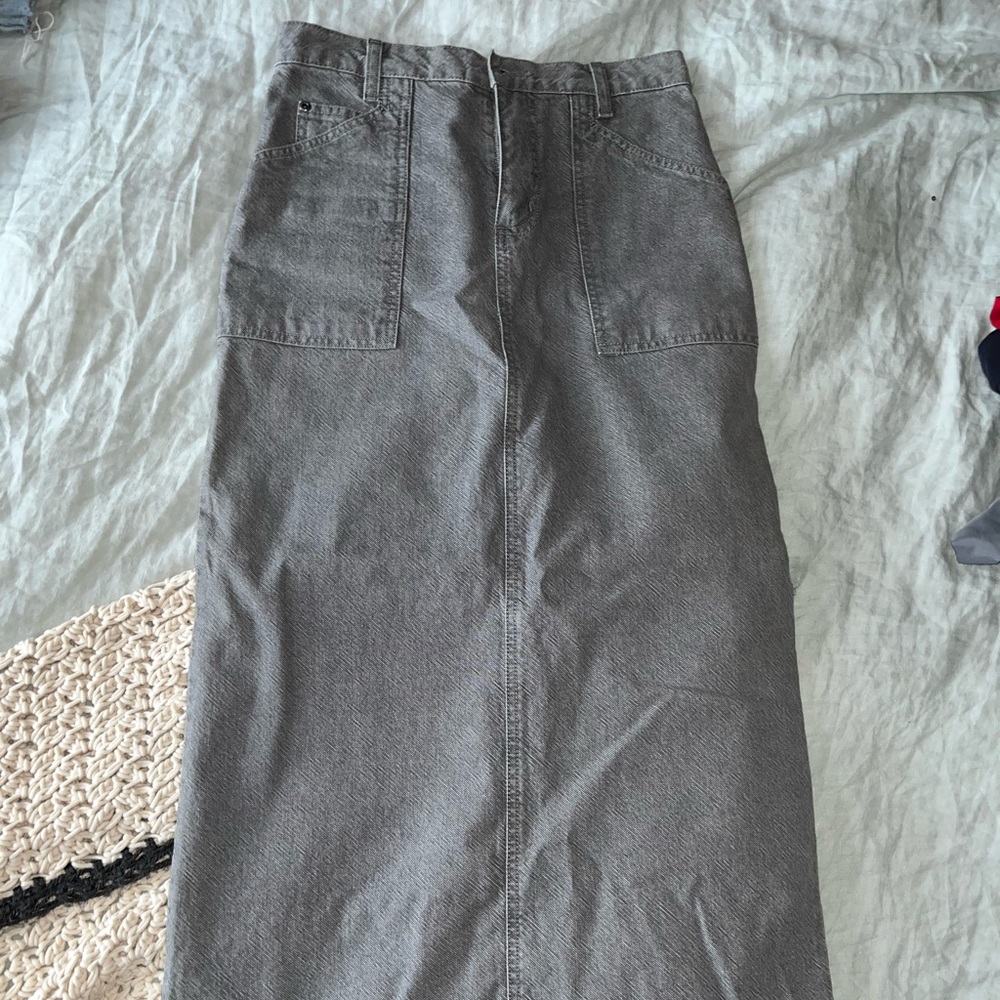 Super cute gray denim long skirt with buckle / utility details - new without tag
